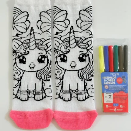 Meia Para Colorir Pintar Infantil Divertidas Personalizar + Kit 6 Canetinhas Hidrocor Coloridas Menino Menina